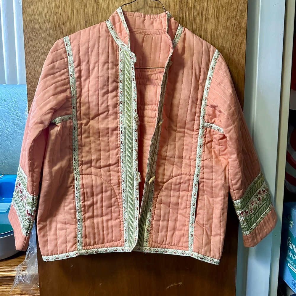 Vintage Peach Quilted Jacket with Embroidered Trim